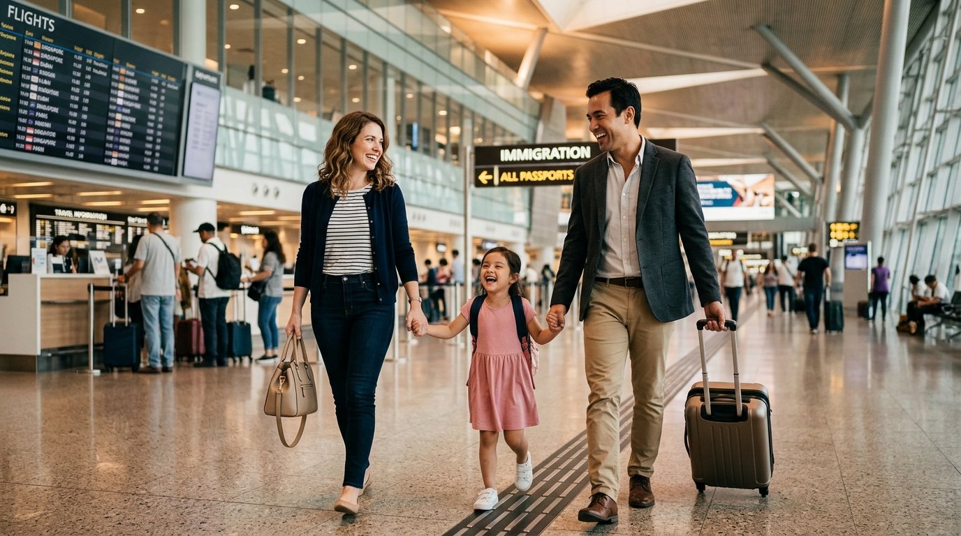 A family at a modern terminal representing visa success